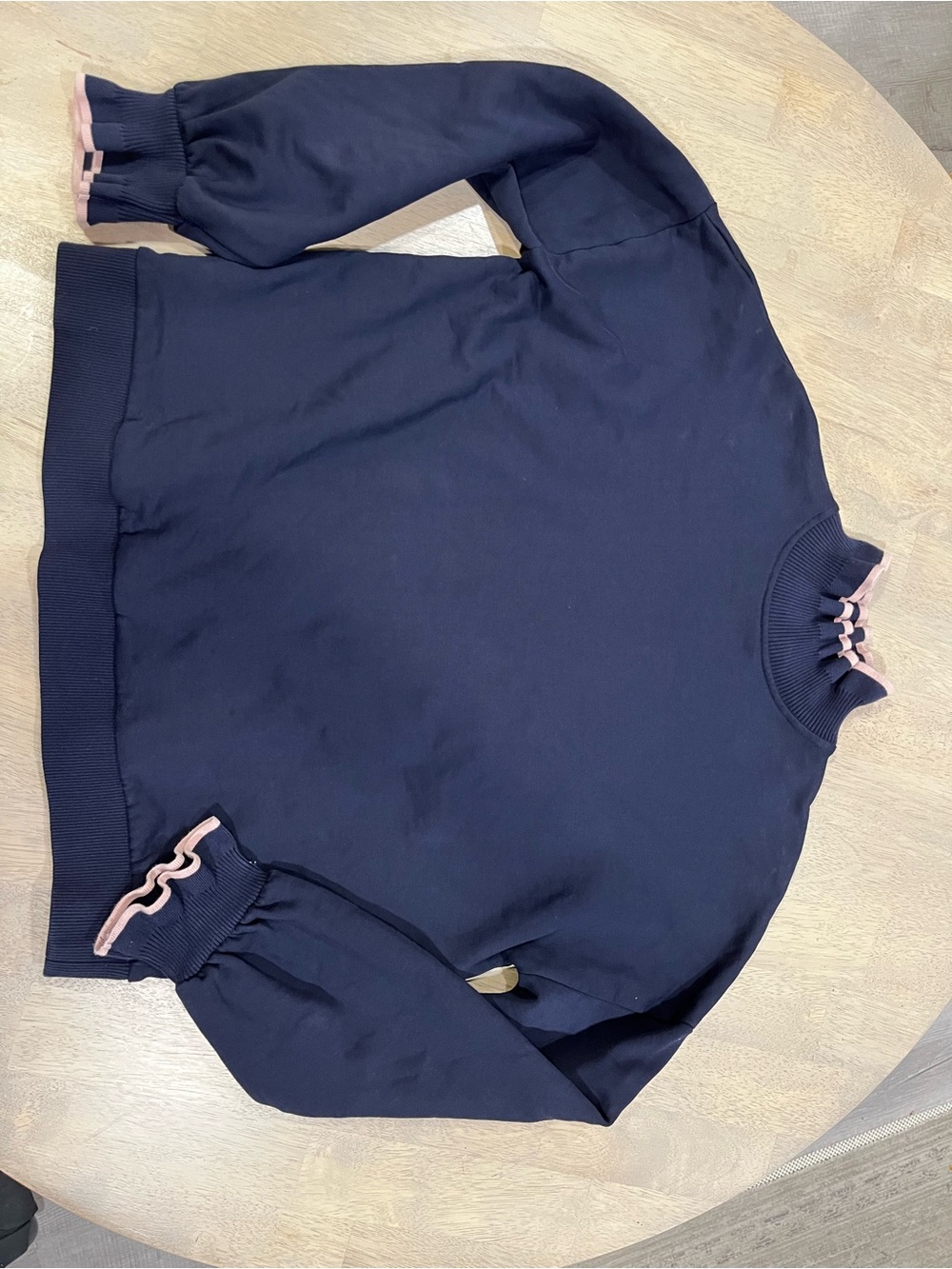 Boden Navy Sweater with Pink Ruffle Trim